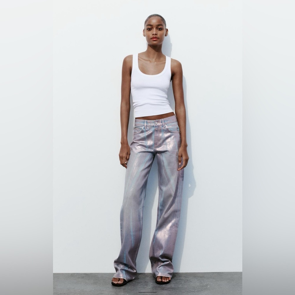ZARA NWT MID WAIST FULL LENGTH TRF FOIL JEANS